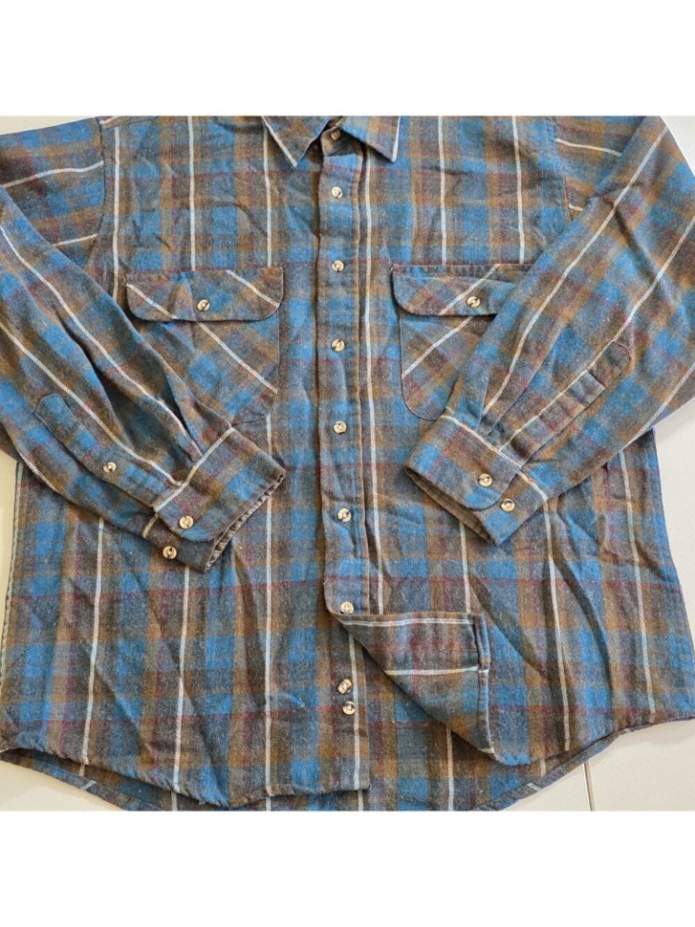 Vtg Sears Roebuck Flannel Shirt Men L Blue Plaid Wool Blend Single Needle Rugged - Picture 10 of 13